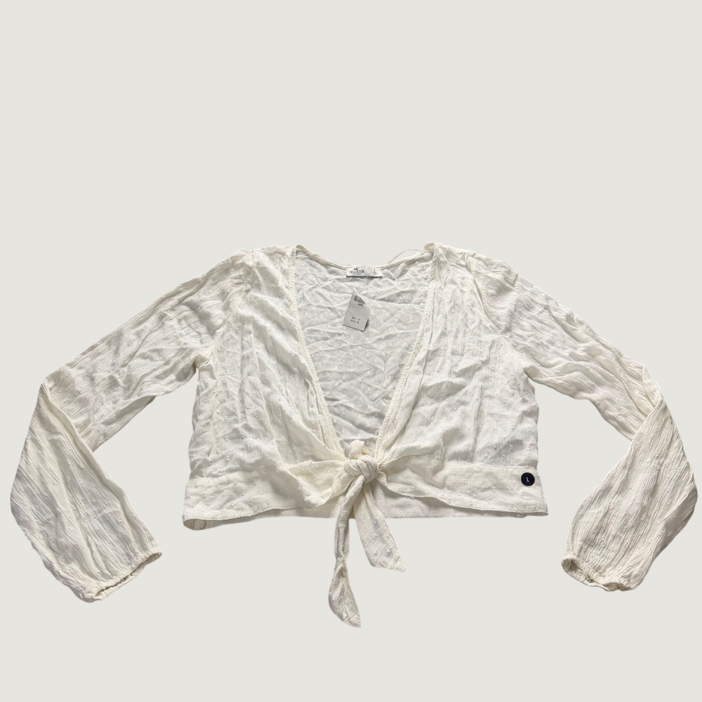 Hollister Tie-Front Top Large Swiss Dot Crop Long Sleeve White 340-406-1605-100